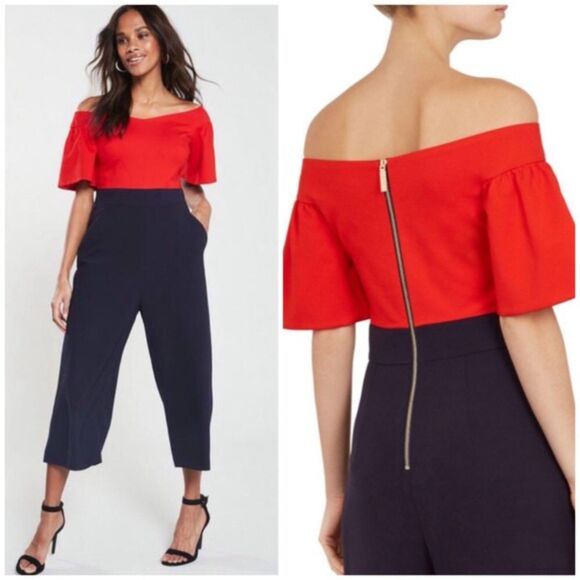 NWOT TED BAKER Juliaaa Red Navy Blue Off The Shoulder Wide Leg Crop Jumpsuit 6 - Picture 1 of 10